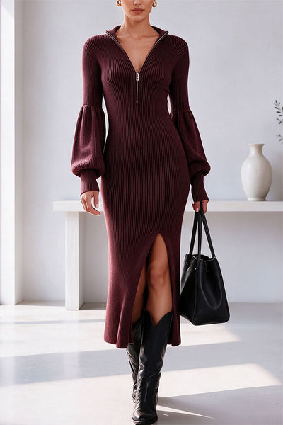Remy Ribbed Knit Zipper High Neck Lantern Sleeve Slit Midi Dress