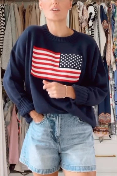 Flag Pattern Knitted Casual Crewneck Long Sleeve Sweater