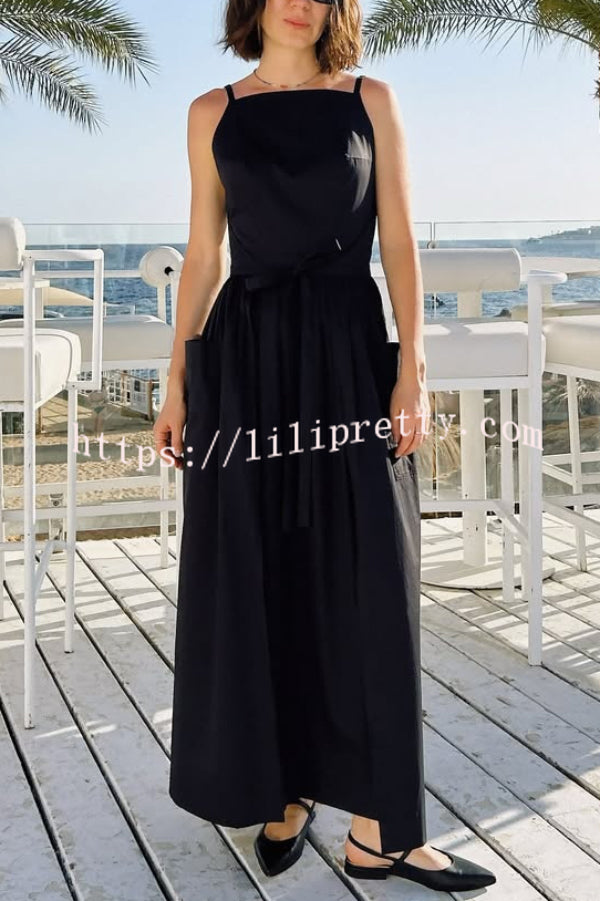 Solid Color Sleeveless Side Slit Tie-up Casual Vacation Pocket Maxi Dress