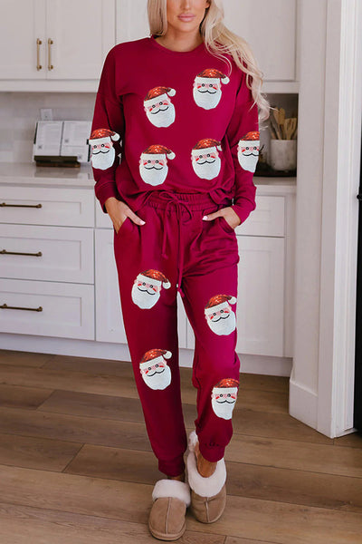 Christmas Sequin Long Sleeve Top and Elastic Waist Tie Pocket Pants Set