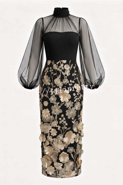 Tanie Tulle High Neck Long Lantern Sleeve 3D Floral Appliqués Hem Midi Dress