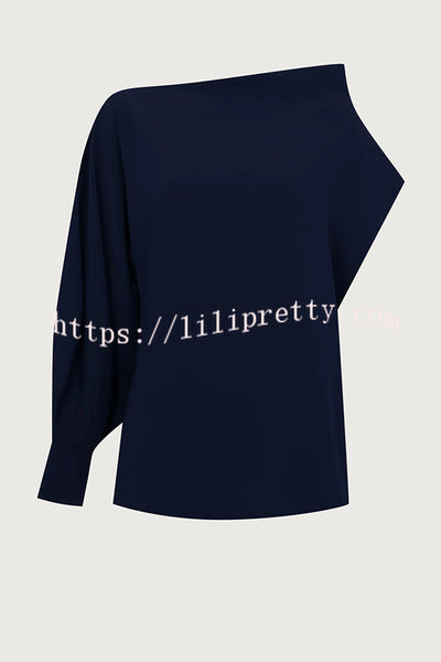 Cleo One Shoulder Irregular Balloon Sleeve Top and High Rise Pleated Button Waist Pocket Loose Pants Set