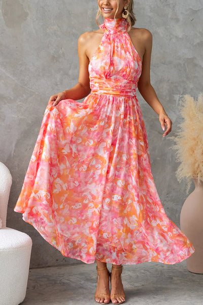 Eternal Bloom Chiffon Floral Print Halter Tie High Neck Maxi Dress