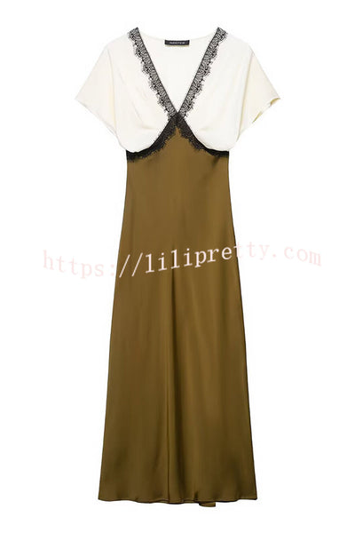 Fashionable Contrast Color V-neck Lace Stitching Maxi Dress