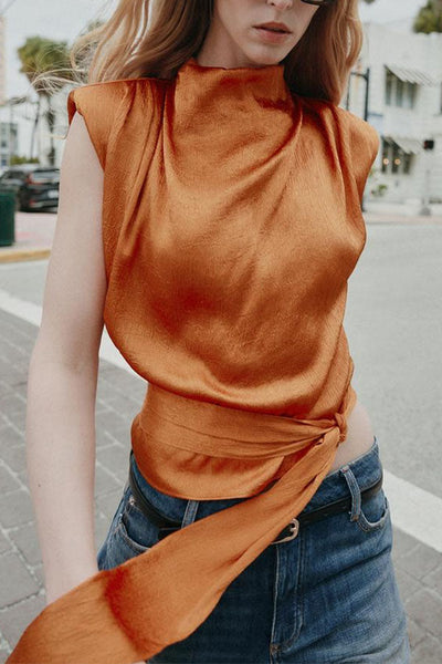L'Aura Padded-Shoulder Wrap-Around Satin Top