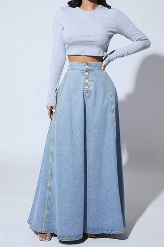 Fashion Metal Single-Breasted Casual Denim Maxi Skirt