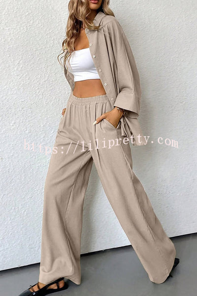 Solid Color Loose Casual Shirt and Elastic Waist Pocket Wide Leg Pants Set