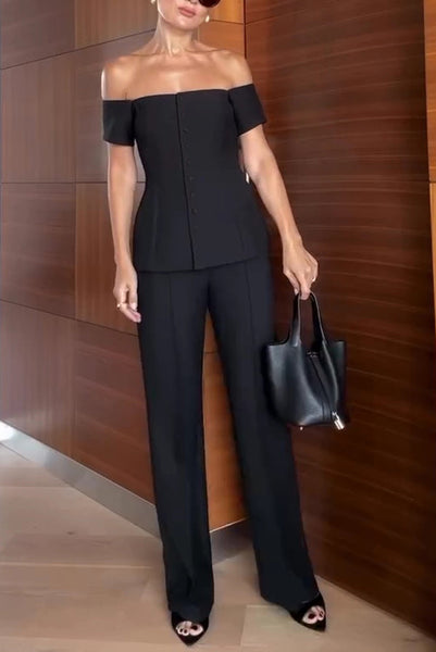 Solid Color Off-the-shoulder Single-breasted Top and Casual Pocket Straight-leg Pants Set