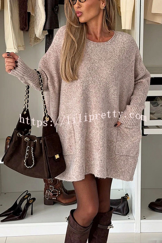 Warm Touch Knit Long Batwing Sleeve Pocket Oversized Sweater Mini Dress