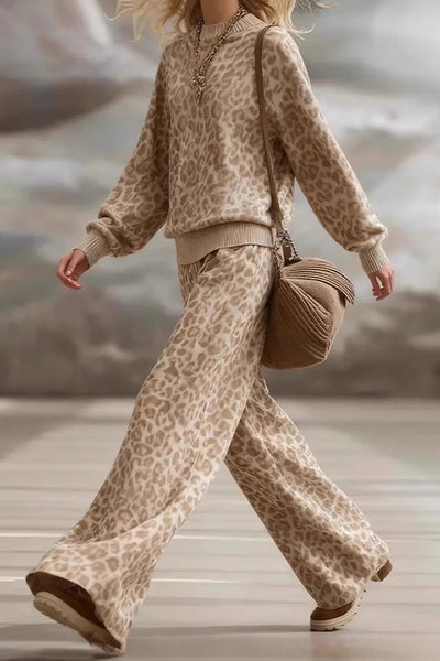 Leopard Print Loose Long-sleeved Top and Casual Pocket Straight-leg Pants Set