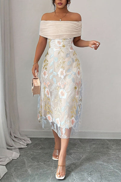 Elegant Ruched Off-Shoulder Floral Appliqué Midi Dress