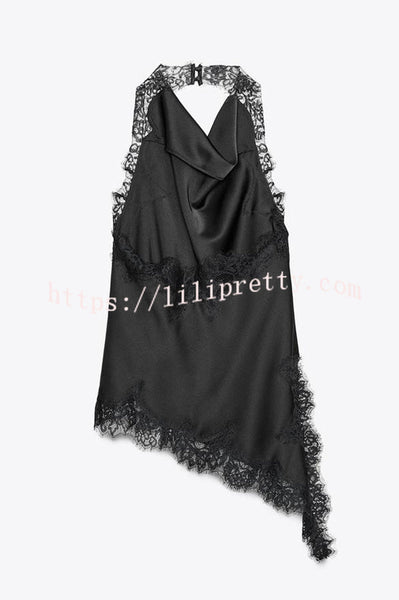 Dolly Satin Lace Trim Halter Cowl Neck Asymmetric Hem Tank