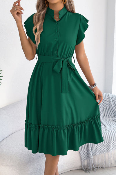 Solid Color Stand Collar Button Waist Tie Casual Midi Dress