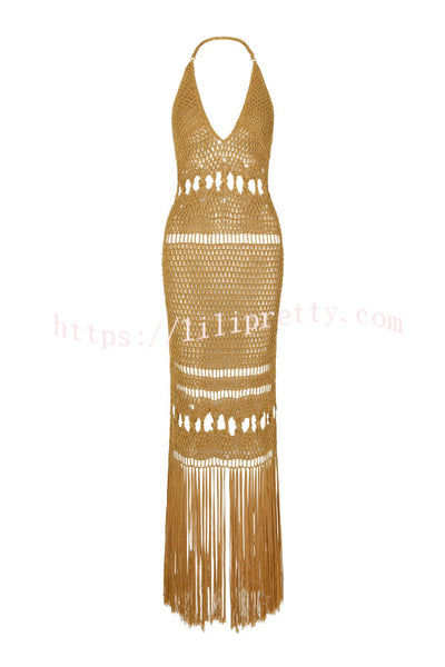 Fashionable Open-knit Backless Elegant Tassel Hem Vacation Cover-up Maxi Dress