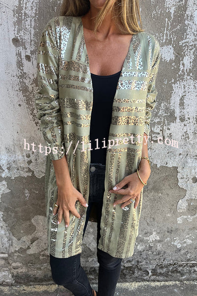 Fashionable Gold Foil Leopard Print Suede Long Sleeve Loose Pocket Midi Coat