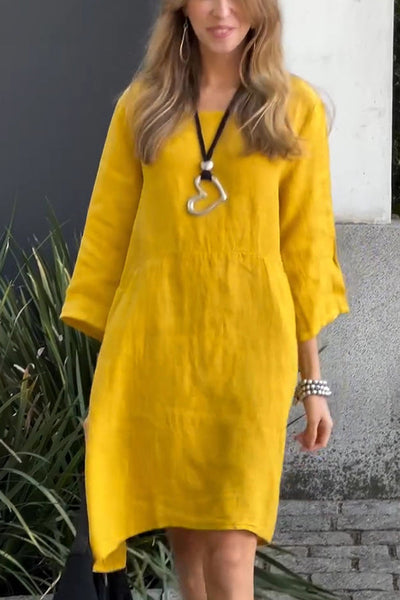 Linen Blend Solid Loose Casual Pocket Mini Dress