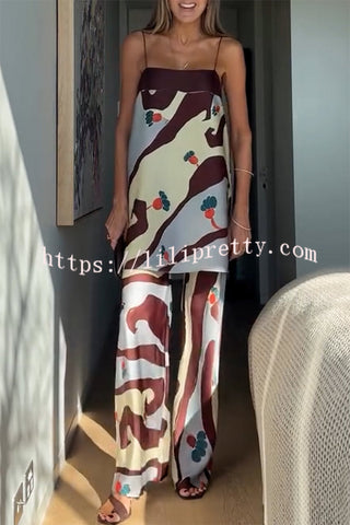 Loving Views Satin Unique Print a-line Tank and Elastic Waist Loose Pants Set