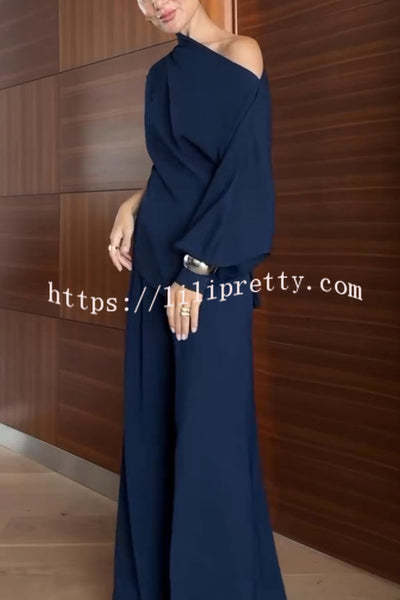 Cleo One Shoulder Irregular Balloon Sleeve Top and High Rise Pleated Button Waist Pocket Loose Pants Set