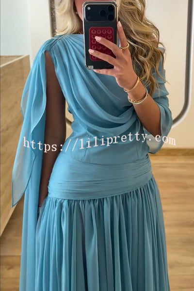 Solana Draped Sheer Cape Top and High Waist Pleated Slit Maxi Skirt Set