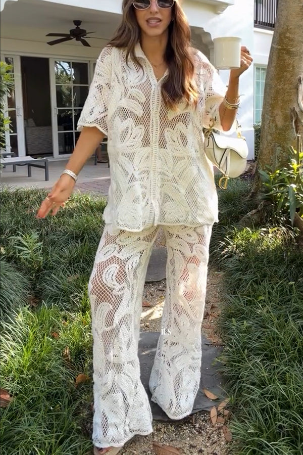 Lazy Vacation Knit Crochet Flowers Short Sleeve Shirt and Elastic Waist Loose Pants Set