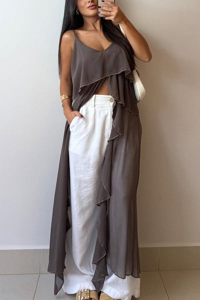 Solid Color V-neck Ruffled Irregular Loose Top
