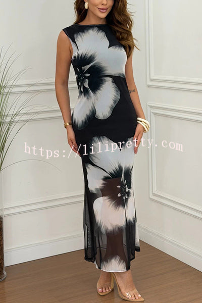 Grinnell Mesh Floral Print Multi-wear Neck Stretch Maxi Dress
