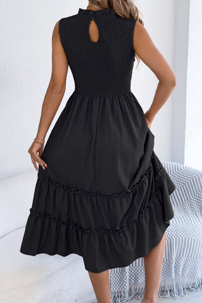 Solid Color Sleeveless Tucked Patchwork Casual Midi Dress