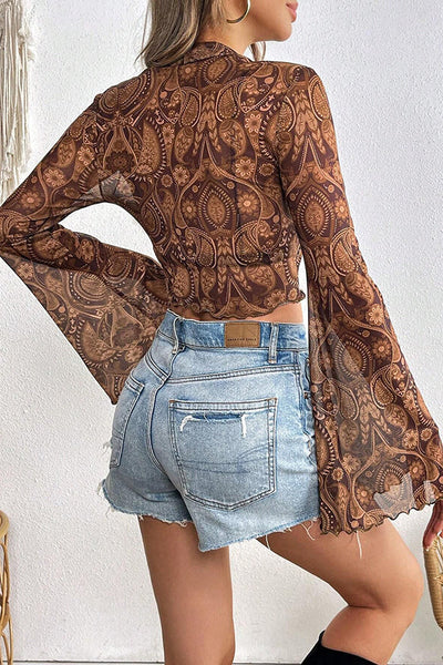 Unique Printed Mesh Trumpet Sleeve Slim Fit Top