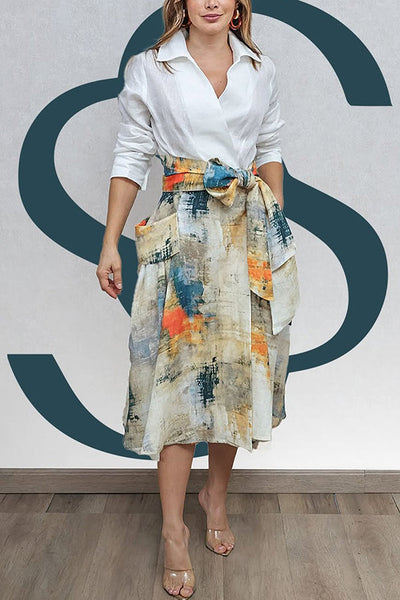 Jiles Linen Blend Unique Contrast Print Long Sleeve Tie-up Pocket Shirt Midi Dress