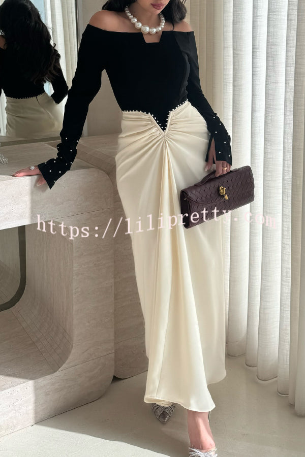 Stylish Pearl-embellished Elegant Off-shoulder Long-sleeved Draped Maxi Dress