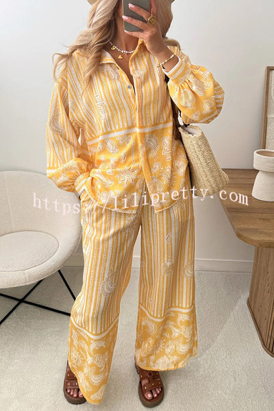 Holiday Style Unique Print Long Sleeve Lapel Loose Shirt and Elastic Waist Casual Pocket Pants Set