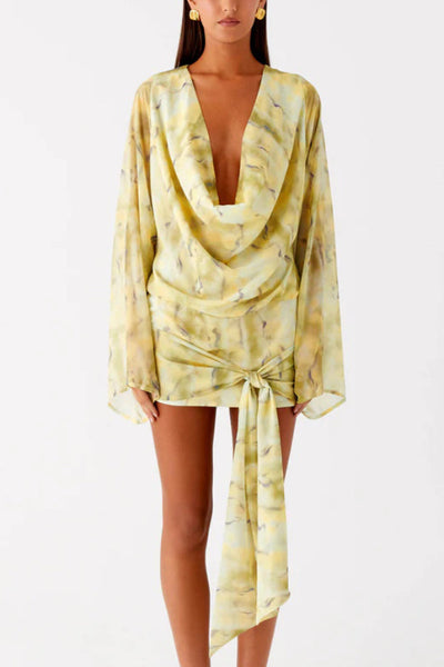 Tie-dye Print V-neck Long-sleeved Ribbon Vacation Mini Dress
