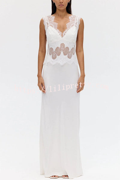 Effortless Elegance Satin Sheer Lace Patchwork V-neck Drape Maxi Dress