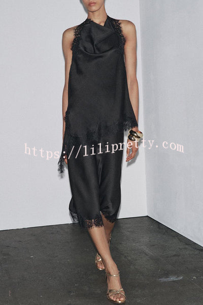 Dolly Satin Lace Trim Halter Cowl Neck Asymmetric Hem Tank