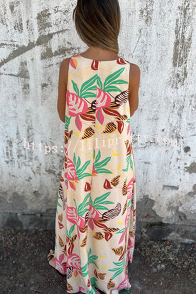 Botanical Print V-Neck Pocket Loose Casual Maxi Dress
