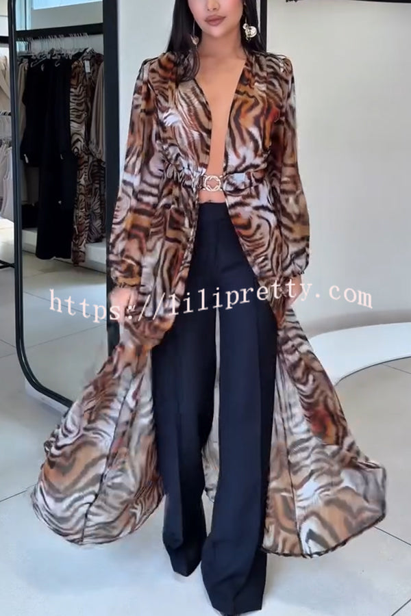 Adrenia Leopard Print Long Sleeve Metal Buckle Elastic Waist Cover-up Midi Coat