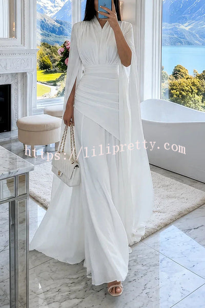 Luxury Cape Sleeve V-Neck Pleated Maxi Dress