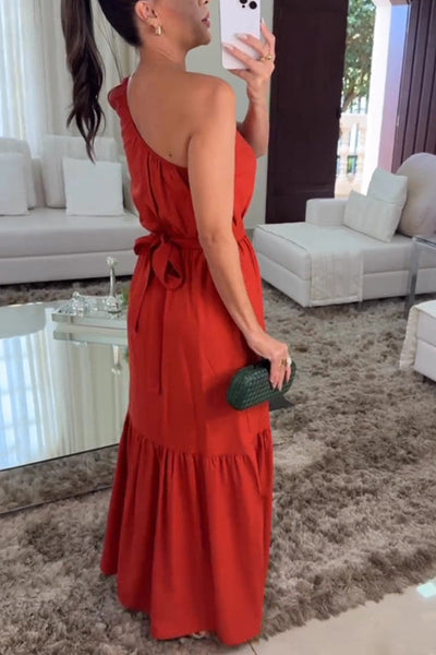 Solid Color One Shoulder Waist Tie Maxi Dress