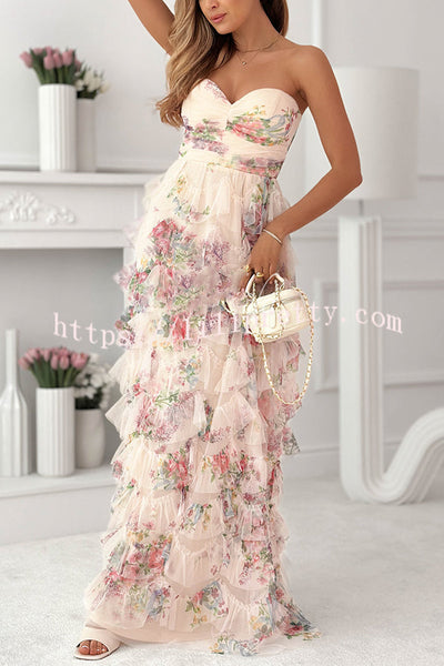 Soraya Tulle Floral Print Off Shoulder Ruffles Tiered Hem Party Maxi Dress