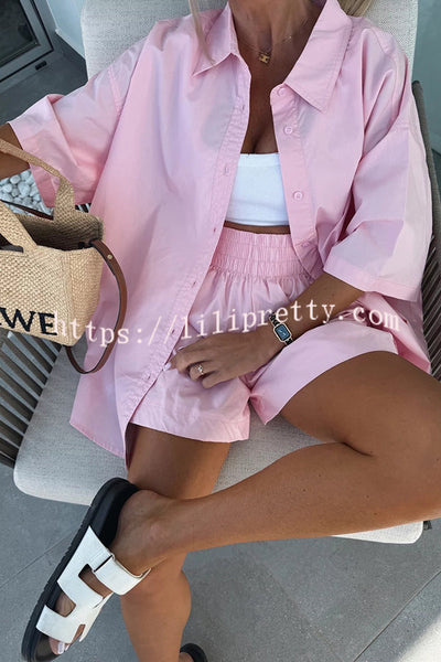 Summer Casual Loose Short-sleeved Shirt and Elastic High Waist Shorts Set