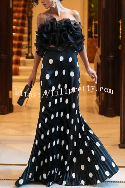 Eye-catching Satin Pleated Poka Dot Print High Rise Drape Maxi Skirt
