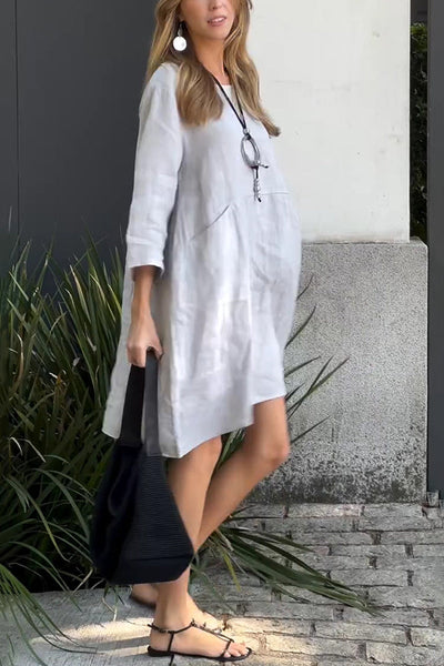 Linen Blend Solid Loose Casual Pocket Mini Dress