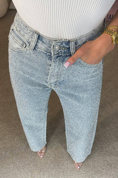 Fashionable Rhinestone High Waist Casual Pocket Straight Jeans
