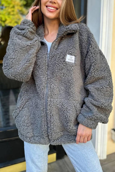 Solid Color Casual Long Sleeve Zipper Pocket Loose Jacket