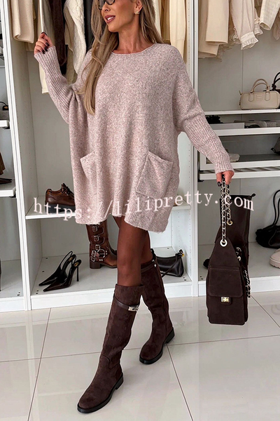 Warm Touch Knit Long Batwing Sleeve Pocket Oversized Sweater Mini Dress