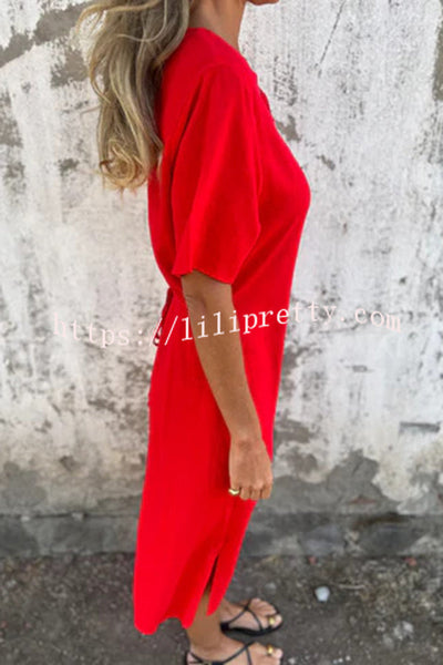 Embroidered Pattern V-neck Short-sleeved Loose Midi Dress