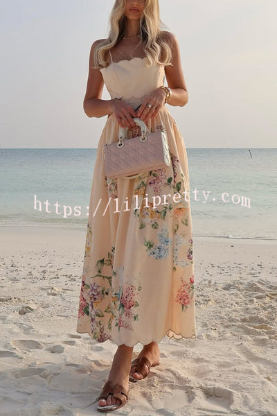 Cabo Sunsets Floral Print Petal Trim Back Lace-up Midi Dress