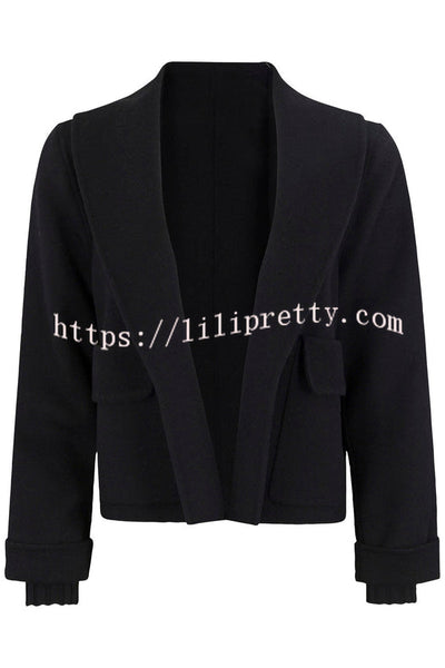 Comfortable Season Shawl Collar Open-front Long Sleeve Flap Pockets Crop Coat