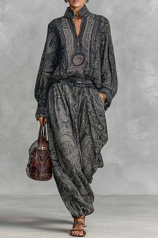 Unique Printed V-neck Long-sleeved Loose Top and Casual Pocket Wide-leg Pants Set