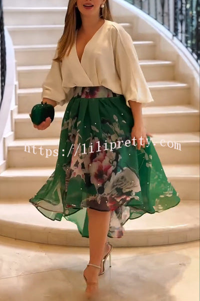 Tessy Batwing Sleeve Top and Floral Elastic Waist Pearls Detail High Low Midi Skirt Set